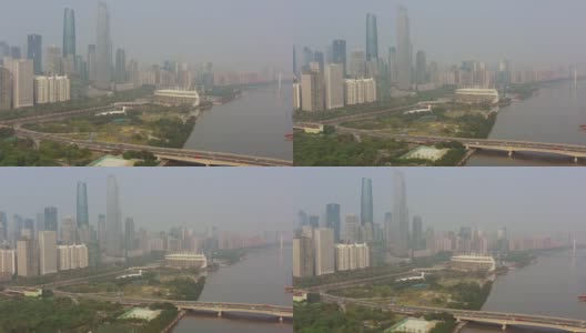 阳光明媚的一天广州市区交通大桥著名体育场滨江航拍全景4k中国高清在线视频素材下载