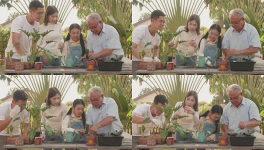亚洲父母，漂亮的女儿，和爷爷一起在家里的花园里帮忙种树。愉快享受假期的家庭户外活动。高清在线视频素材下载