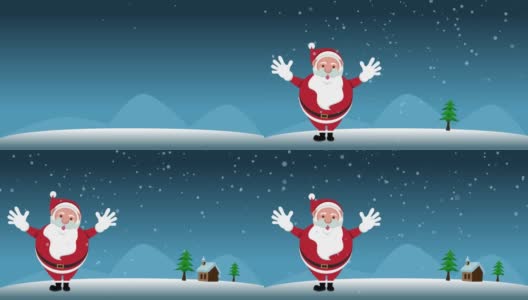 圣诞老人圣诞快乐，树和房子下雪，4k视频动画高清在线视频素材下载