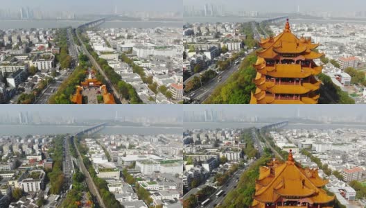 无人机在中国武汉黄鹤楼上空飞行的美景(黄鹤楼)高清在线视频素材下载