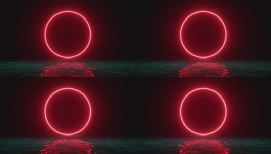 发光的霓虹灯红圈环线与水、灯光、波浪抽象复古背景，紫外线，光谱鲜艳的颜色，激光显示。3 d渲染图高清在线视频素材下载