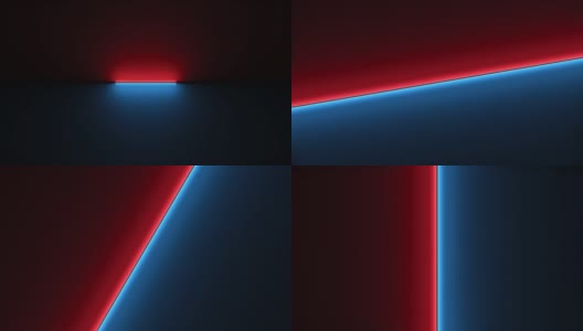 抽象的蓝色和红色照明表面生长、旋转和分裂为两部分。霓虹灯照明表面运动背景的3D渲染。高清在线视频素材下载