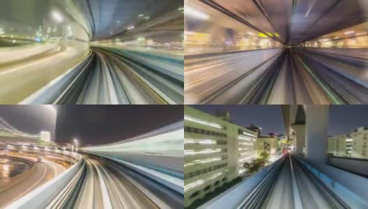 延时:在日本东京的夜间乘坐单轨火车高清在线视频素材下载
