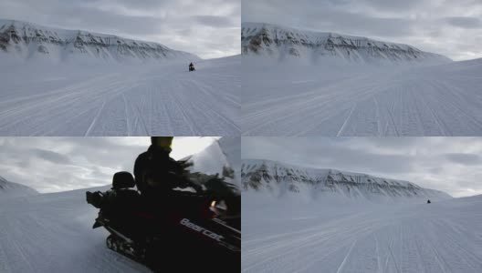 People expedition on snowmobile in North Pole Spitsbergen Svalbard Arctic.高清在线视频素材下载