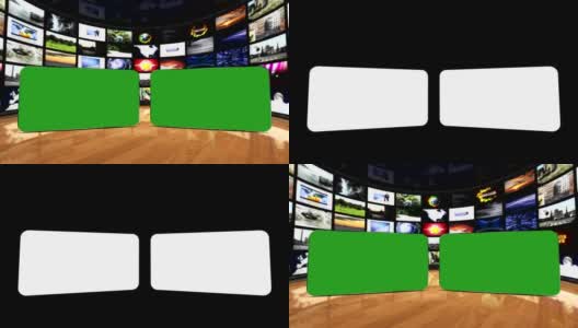监视器室有两块绿屏，带阿尔法哑光高清在线视频素材下载