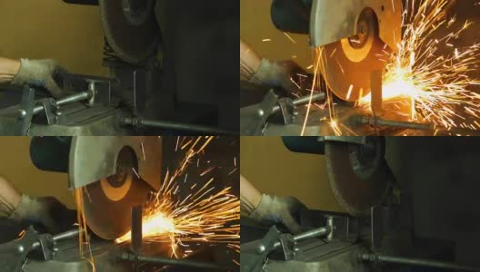 在切割机上切割金属零件，产生很多火花高清在线视频素材下载