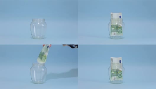 一名男子将欧元放入玻璃罐中储存。浅蓝色背景上的槽式玻璃罐。高清在线视频素材下载