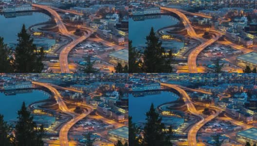 日落时分，卑尔根市内高速公路与红绿灯的4K时间间隔高清在线视频素材下载