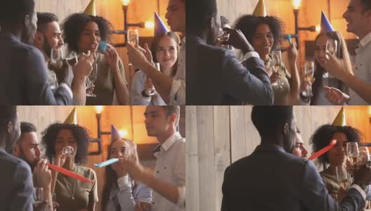 聚会上人们尽情庆祝，形形色色的朋友一起喝着香槟跳舞高清在线视频素材下载