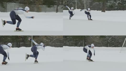 女运动员在冬季进行速度滑冰高清在线视频素材下载