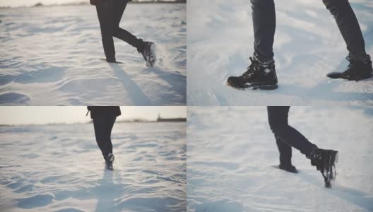 近距离的女人的脚走在雪沙漠在日落。Stabiblized慢动作镜头高清在线视频素材下载