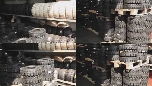 叉车车轮和轮胎，仓库，工业内部，叉车车轮和轮胎高清在线视频素材下载