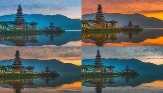 4K时间流逝电影日出场景Pura Ulun Danu Bratan寺庙，巴厘岛，印度尼西亚高清在线视频素材下载