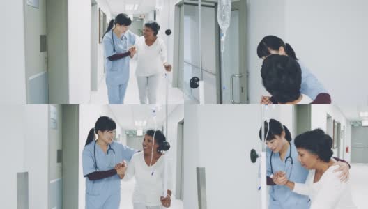 年轻女医生帮助老年病人行走在医院走廊4k高清在线视频素材下载