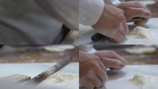 饺子是由一组厨师擀开面团，然后填上肉来制作的高清在线视频素材下载