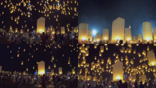 在泰国清迈的怡鹏节，水灯节上漂浮的灯笼和烟花高清在线视频素材下载