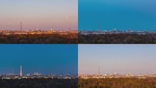 白天到夜晚的柏林城市景观与满月升起，柏林，德国高清在线视频素材下载