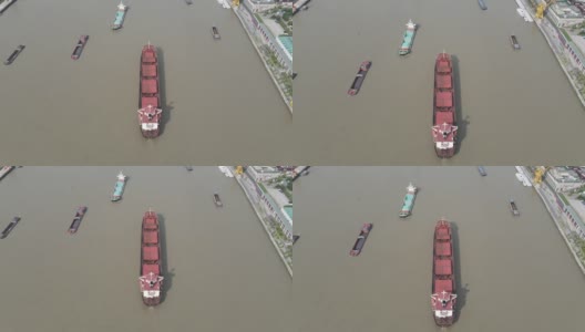 鸟瞰图红色集装箱货船在上海河上中国日高清在线视频素材下载