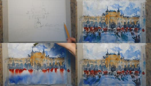 这位画家用水彩技法画了一幅城市风景画。艺术家的工作室。高清在线视频素材下载