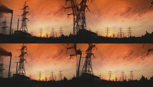 日落时的高压电缆和塔架。电力塔的轮廓映衬着戏剧性的天空和红色的夕阳。高清在线视频素材下载