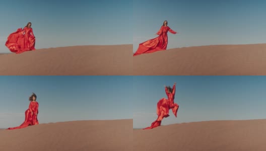 一个穿着红色裙子的亚洲女人在沙丘上跳舞高清在线视频素材下载