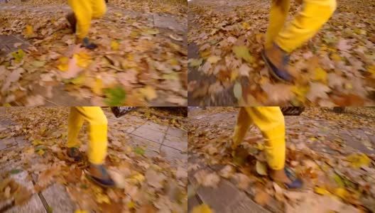孩子从落叶上跑过高清在线视频素材下载