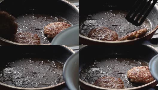 自制多汁的碎肉饼汉堡在铁铸煎锅。近距离高清在线视频素材下载