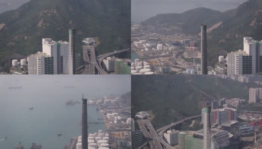 香港航拍v203近景鸟眼环绕昂船洲大桥杆塔飞行与船厂的景色高清在线视频素材下载