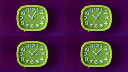 绿色时钟与白色数字和箭头孤立在紫色背景，时间流逝高清在线视频素材下载