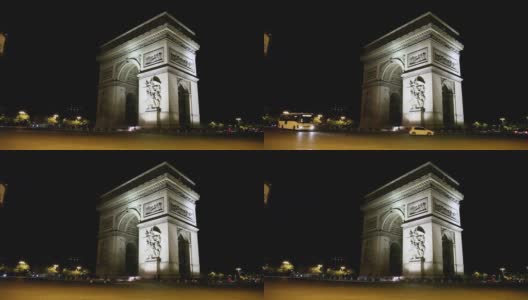 巴黎，夜晚的凯旋门。明亮的灯光，黑暗的天空高清在线视频素材下载