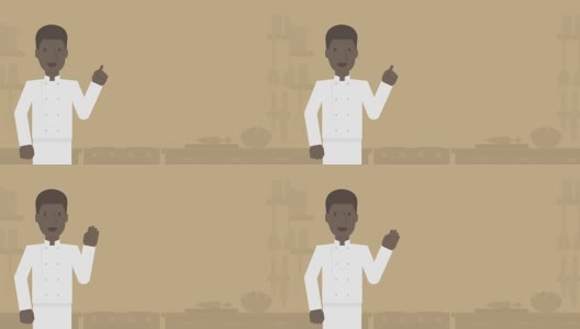 厨师男子非洲裔美国人介绍厨房浅棕色背景，无缝循环动画4K与复制空间高清在线视频素材下载