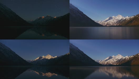 4K时间流逝镜头月球黎明在山湖的夜晚高清在线视频素材下载