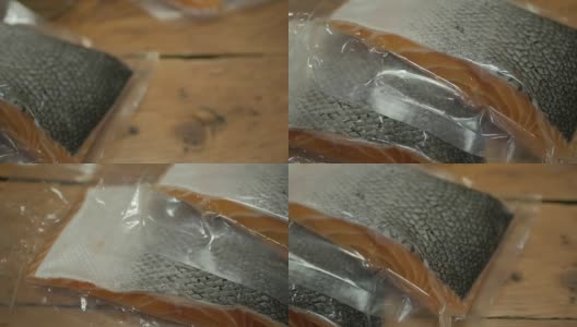 新鲜鲑鱼片密封包装真空袋。高清在线视频素材下载