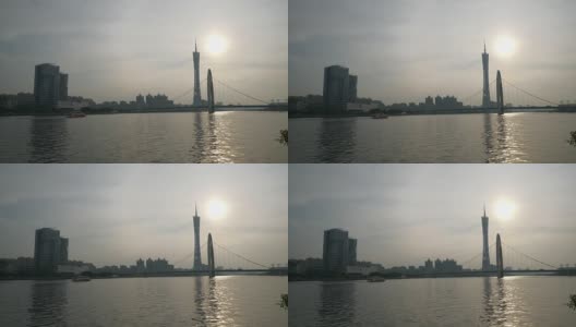 日落时分广州市名桥广州塔滨江慢镜头全景4k中国高清在线视频素材下载