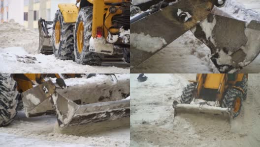 拖拉机在街上铲雪。慢动作。高清在线视频素材下载
