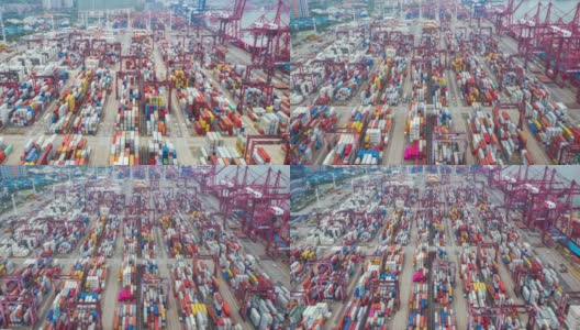 4K分辨率鸟瞰图超延时集装箱货船在海上运载到码头，工业，商业，物流和运输在香港城市高清在线视频素材下载