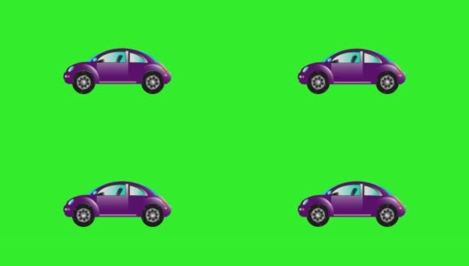 动画的车。卡通与汽车。玩具车。紫色和蓝色的汽车旋转的车轮在绿色的背景。动画。高清在线视频素材下载