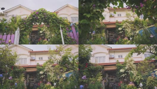 POV走在装有盆栽和鲜花的房子的前院高清在线视频素材下载