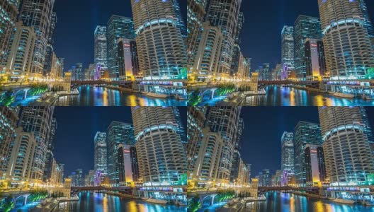 芝加哥在晚上的时间流逝河4K 1080P -河流时间流逝芝加哥伊利诺斯州在晚上与市中心天际线的观点和交通高清在线视频素材下载