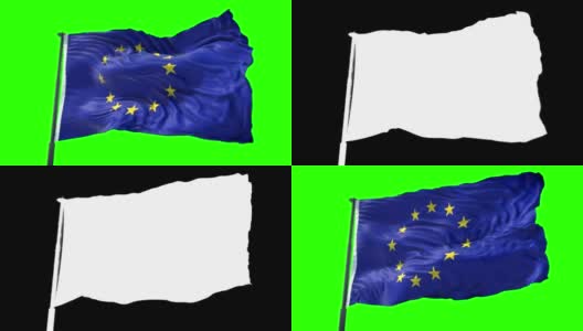 欧盟旗，带杆的欧元旗，飘扬的欧盟旗，蓝色背景上的黄色星星，色彩基调为绿色高清在线视频素材下载