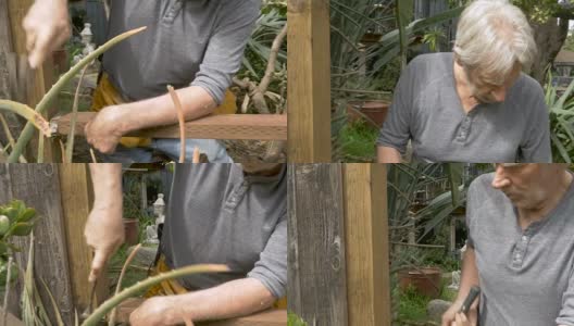 活跃的有吸引力的老男人在修理家里的篱笆时锤打高清在线视频素材下载