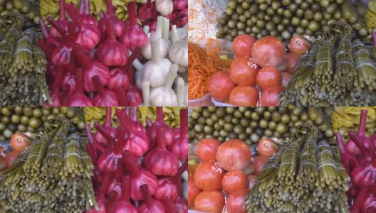 农贸市场柜台上的各种腌菜高清在线视频素材下载