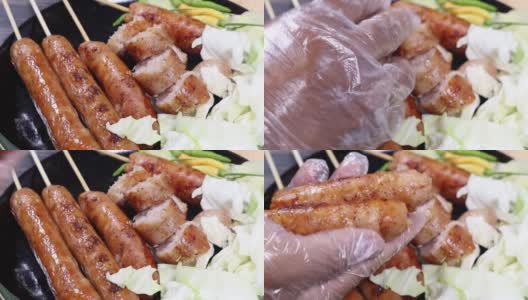 手工切割的泰国北部发酵香肠高清在线视频素材下载