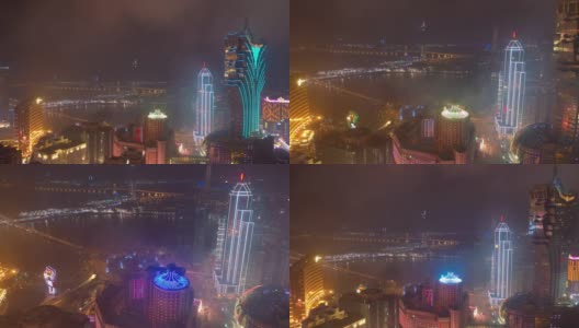 夜间照明飞行飞越澳门城著名酒店区塔空中全景4k中国高清在线视频素材下载