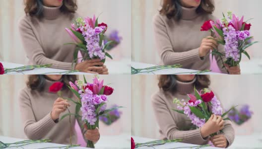 花商选择，挑选，调整花来制作一束花，高清在线视频素材下载