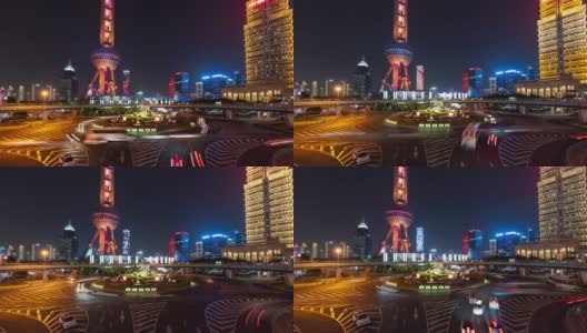 4K时间推移:中国上海陆家嘴明珠环岛人行天桥上的交通灯轨迹。倾斜向下拍摄的高清在线视频素材下载