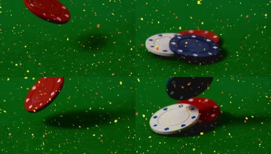 绿色背景下扑克筹码掉落的动画高清在线视频素材下载