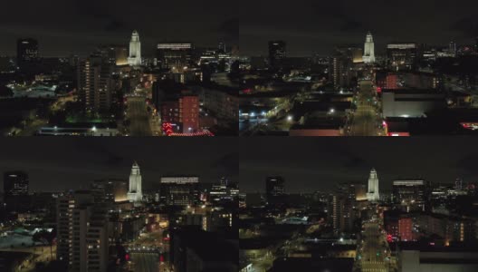 Covid-19大流行期间，空旷的洛杉矶市中心街道的夜间航拍高清在线视频素材下载