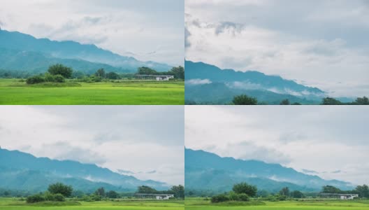 青翠的稻田，冬天美丽的山脉景观与雾，时光流逝视频高清在线视频素材下载