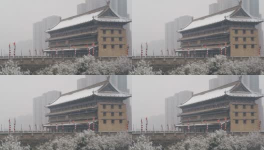 西安古城墙在雪中，中国。高清在线视频素材下载